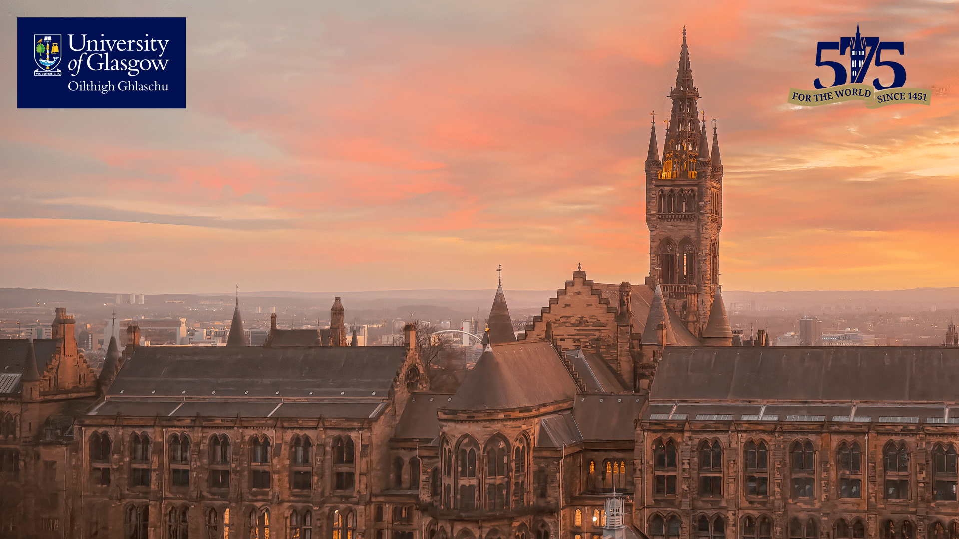 The Gilbert Scott Building pictured at sunset