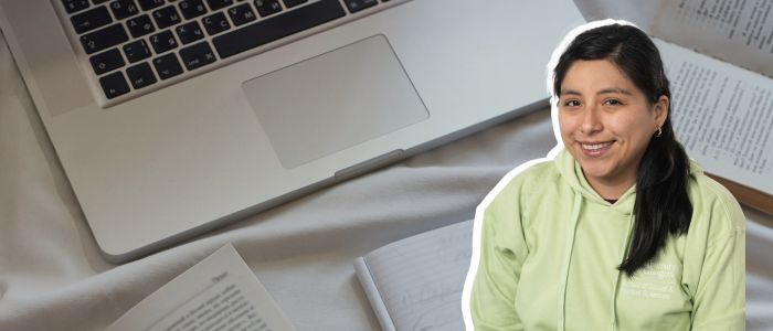 Collage of images of student with computer background