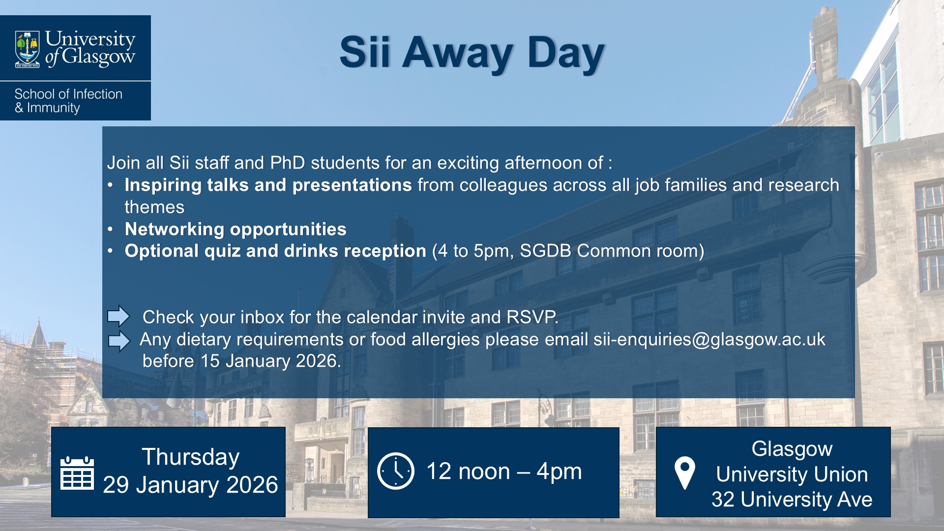 A poster advertising the Sii annual away day 2026 with details of the location and order of activities