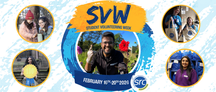 A graphic showing photos of students in different volunteering roles or celebrating volunteer hour achievements. The text reads  SVW STUDENT VOLUNTEERING WEEK FEBRUARY 16TH-20TH