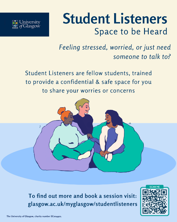 A graphic showing three people sitting together speaking and smiling the text reads: Feeling stressed, worried, or just need someone to talk to? Student Listeners are fellow students, trained to provide a confidential & safe space for you to share your worries or concerns