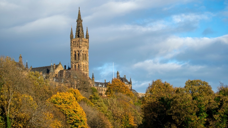 A picture of the Gilbert Scott Building tower from Kelvin Hall
