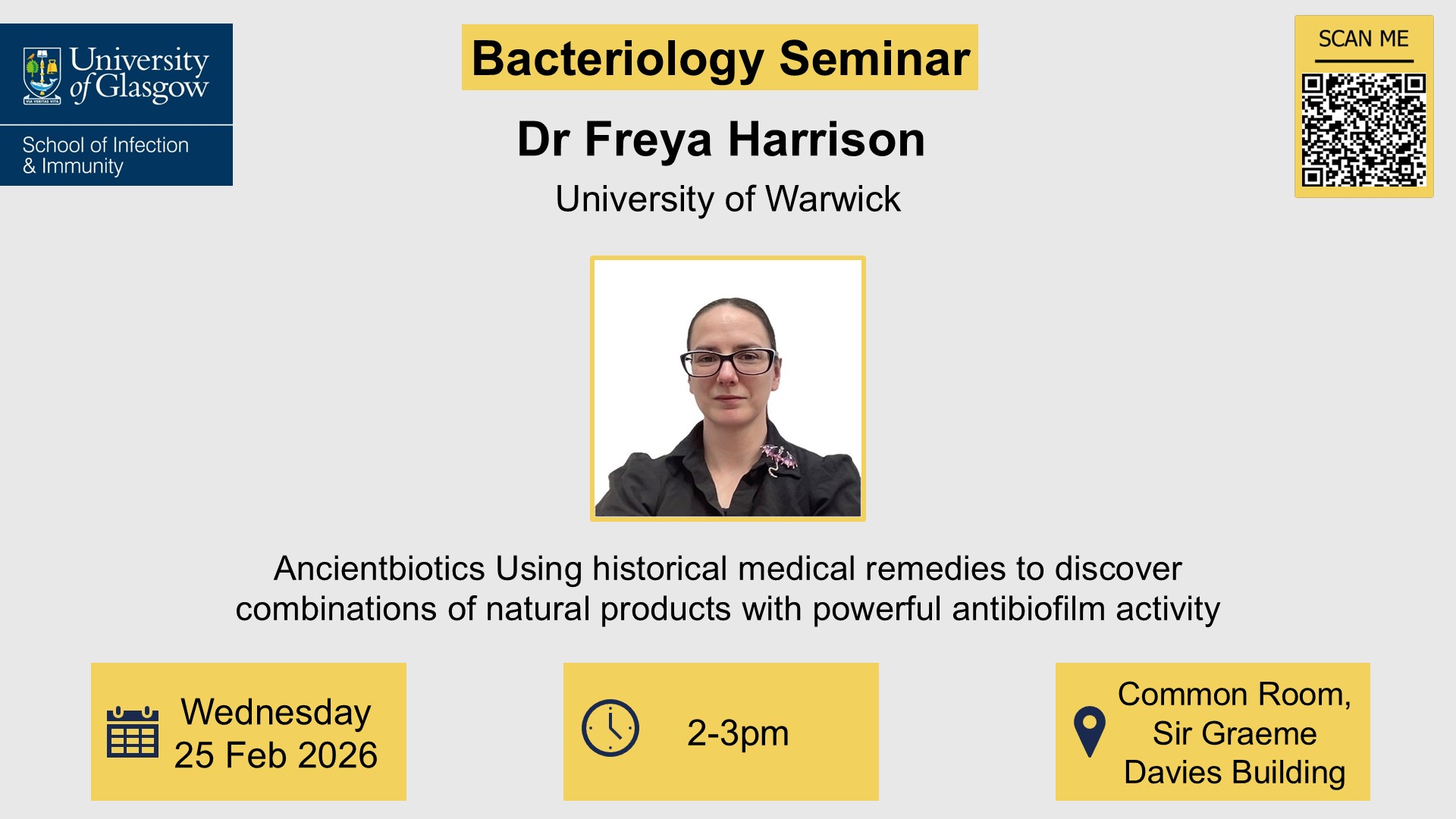Flyer for Bacteriology seminar, Dr Freya Harrison, of which the date, time, location and title are included in the accompanying text