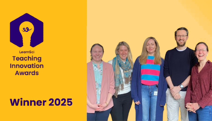 A graphic with two shades of yellow dividing two sections. The first is the LearnSci competition logo and the announcement of the winners. The right side is the winners of the award: Dr Laura McCaughey and Dr Claire Donald, Dr Anna McGregor, Dr Denise Hough, and Dr Donald Reid (School of Biodiversity, One Health & Veterinary Medicine), and Dr Pam Scott (School of Molecular Biosciences)