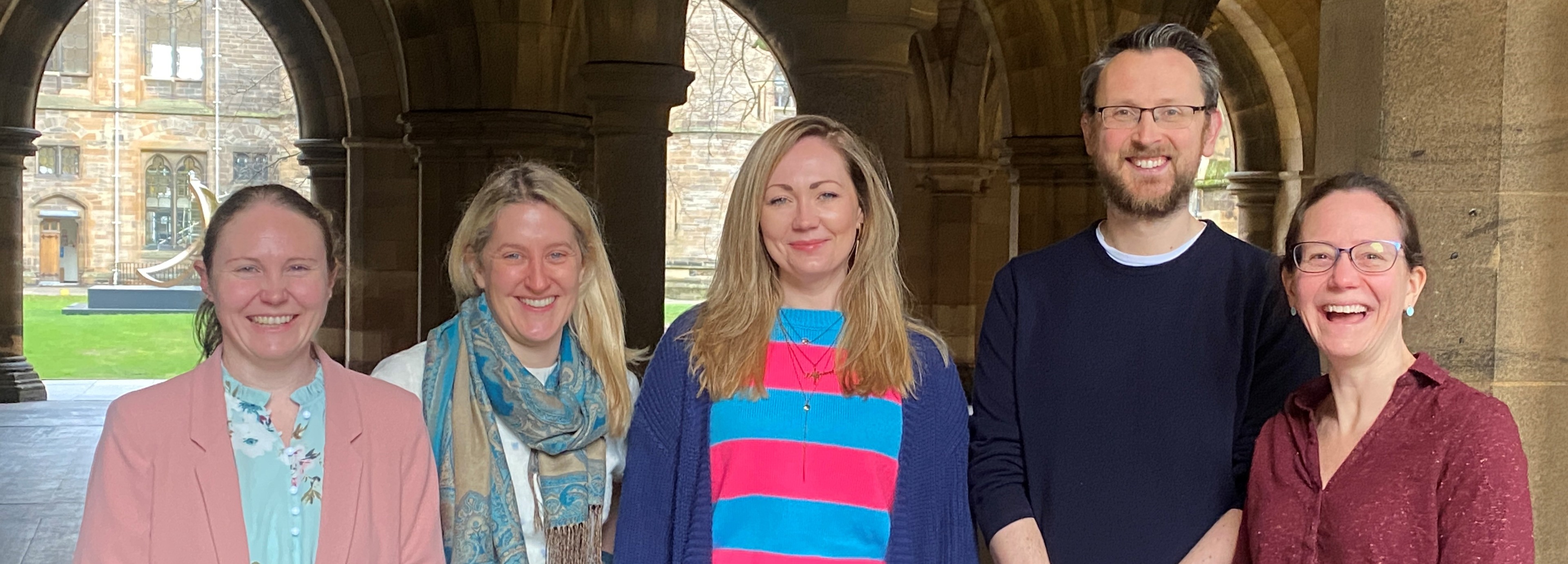 The Life Sciences competition winners pictured in the UofG cloisters Dr Laura McCaughey and Dr Claire Donald, Dr Anna McGregor, Dr Denise Hough, and Dr Donald Reid (School of Biodiversity, One Health & Veterinary Medicine), and Dr Pam Scott (School of Molecular Biosciences)