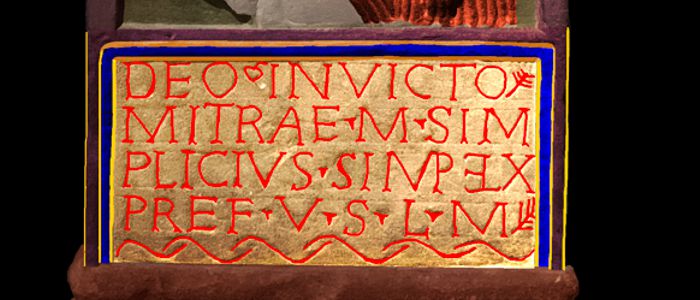 Reconstructed Roman inscription in gold and red paint