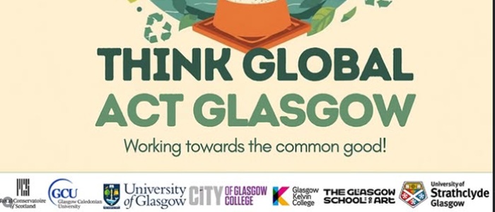 Flyer for Think Global Act Glasgow festival with logos of Glasgow universities and colleges