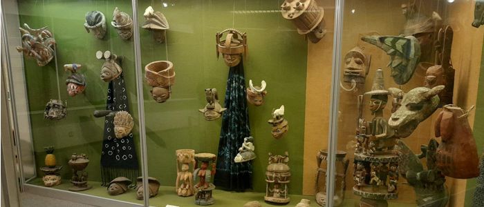 Museum collection of african masks, vessels and musical instruments