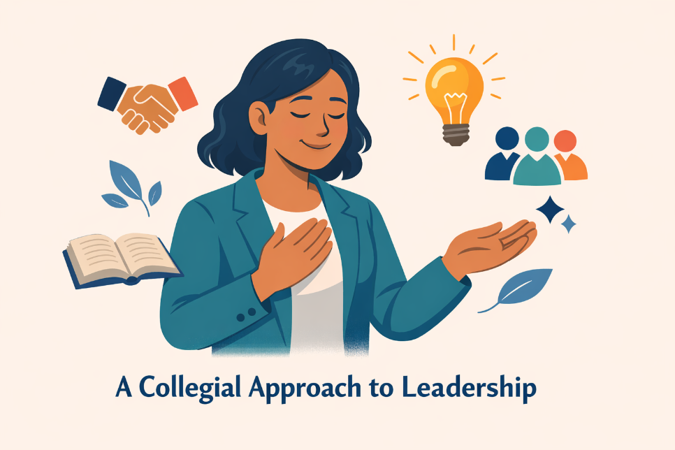 An illustrated figure is shown with one hand raised and the other extended outward. Surrounding the figure are symbolic icons, including an open book, a light bulb, a group of people, and decorative leaves. The text at the bottom reads “A Collegial Approach to Leadership.”