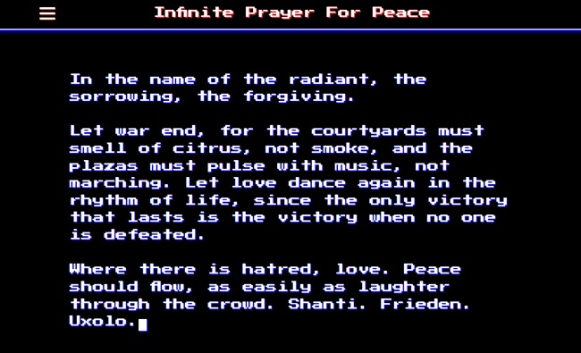 Stephen Marche, Infinite Prayer for Peace – Desktop, 2026. © Stephen Marche. Courtesy of the artist. Stephen Marche, Infinite Prayer for Peace – Desktop, 2026. © Stephen Marche. Courtesy of the artist.