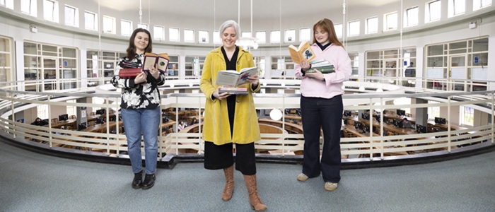 left to right  Jodie Pike; Dr Tanya Cheadle and Tessa Carroll at the McMillan Reading Room, Credit Martin Shields
