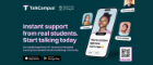 An advertisement for TalkCampus, a student mental wellbeing community co-branded with the University of Glasgow, featuring a large smartphone showing a chat where a student message (“I feel so anxious right now. I can’t cope.”) receives supportive replies like “Let’s chat” and “You’re not alone.” The poster has the headline “Instant support from real students. Start talking today.”, explains free 24/7 anonymous access for University of Glasgow students, and shows App Store and Google Play icons, a QR code, and “Find out more.”