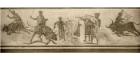 Roman mosiac showing various people bull fighting