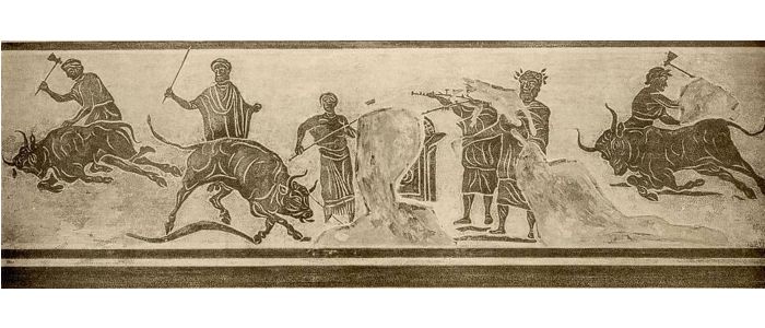 Roman mosiac showing various people bull fighting