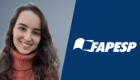 A composite graphic of Dr Mariana Ferreira Silva in a portrait style with a plain grey background with the other half of the graphic the FAPESP logo against a blue background