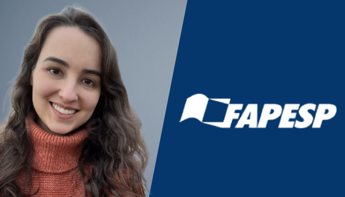 A composite graphic of Dr Mariana Ferreira Silva in a portrait style with a plain grey background with the other half of the graphic the FAPESP logo against a blue background