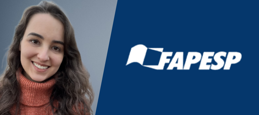 A composite graphic of Dr Mariana Ferreira Silva in a portrait style with a plain grey background with the other half of the graphic the FAPESP logo against a blue background