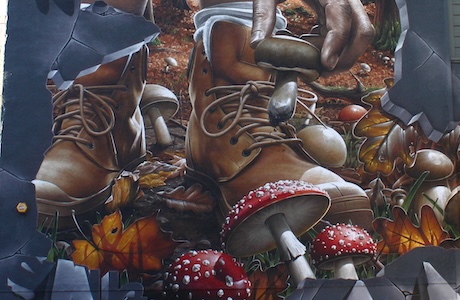 A mural depicting a booted foot and a hand picking up a mushroom