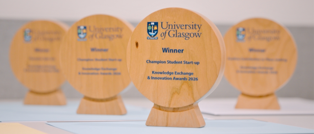 Trophies lined up for the UofG Knowledge Exchange & Innovation Award winners announced in March 2026