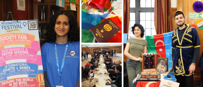 A collage of images from the Festival including a person standing next to a poster, a long table with people eating, a passport and a person posing for a picture at a display table