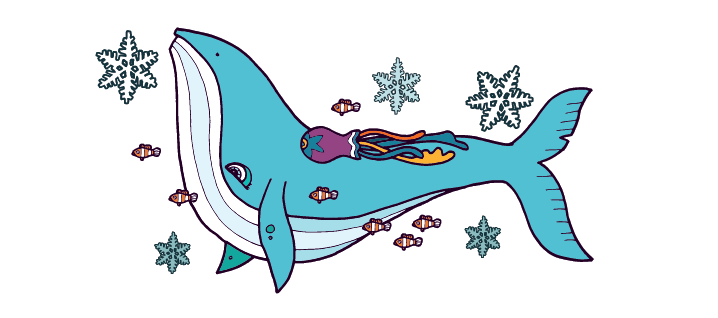 Cartoon image of a whale, fish and jellyfish surrounded by snowflakes.