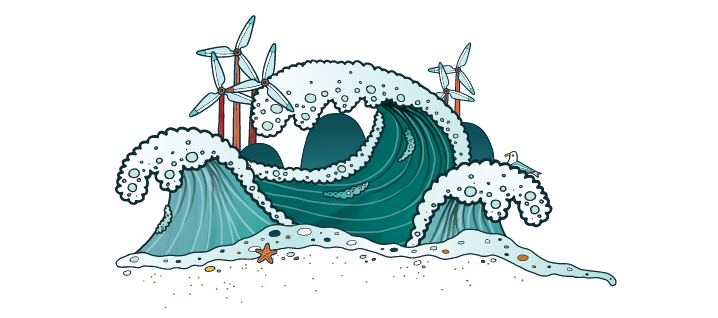 Cartoon image of wind turbines in the sea