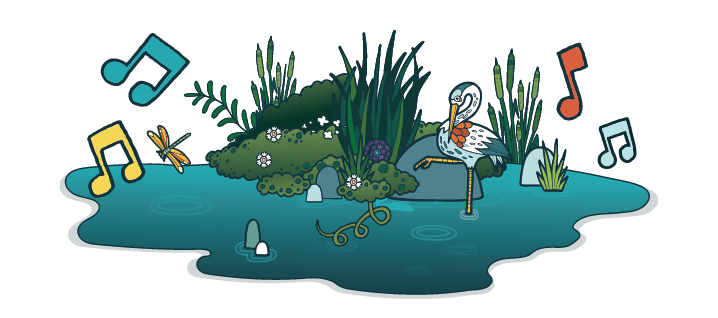 Cartoon image of a wetland environment with a heron and musical notes.