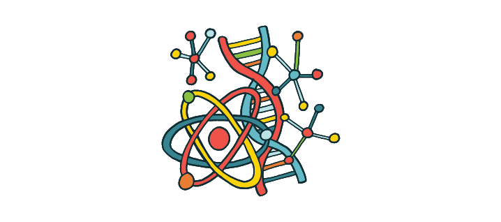Cartoon image of DNA and an atom