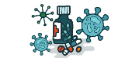 Cartoon image of a medicine bottle surrounded by microbes.