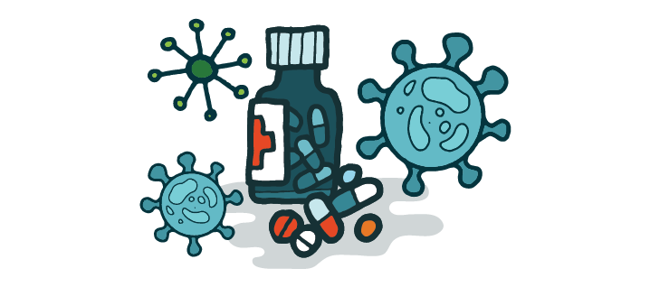 Cartoon image of a medicine bottle surrounded by microbes.