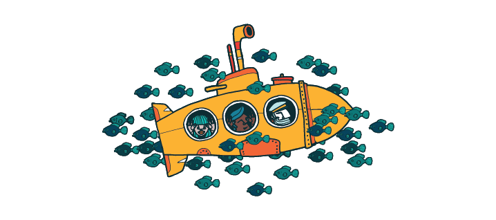 Cartoon image of a submarine surrounded by fish