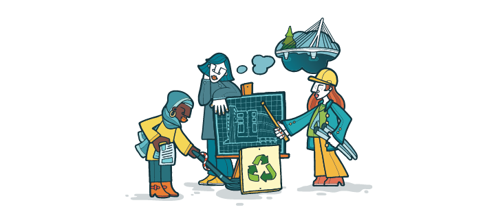 Cartoon image of a group of engineers with blueprints and the recycling symbol