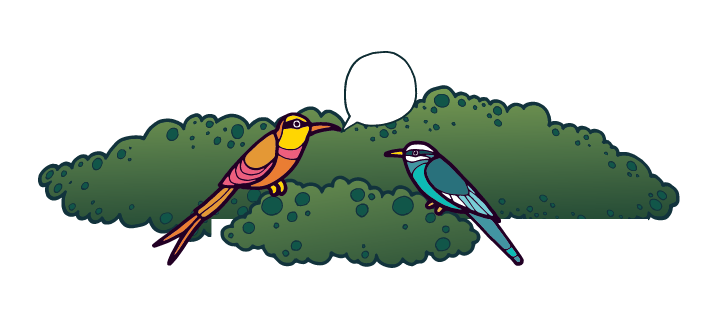 Cartoon image of two birds in a hedegrow with a speech bubble.