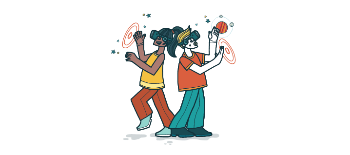Cartoon image of two people wearing virtual reality headsets