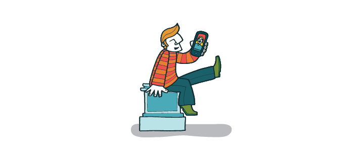 Cartoon image of a man on a phone with another person on the screen