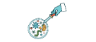 Cartoon image of a hand holding a pipette above a petri dish