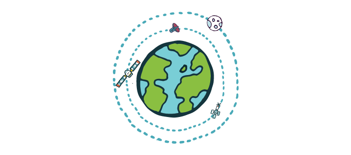 Cartoon image of planet Earth being orbited by satellites