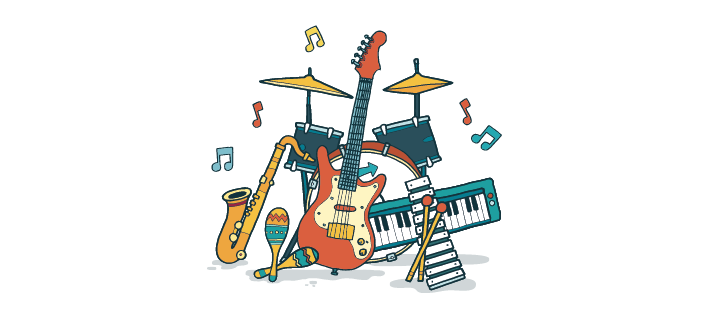 Cartoon image of various musical instruments such as a guitar, keyboard, drums and a saxophone