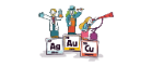 Cartoon image of three people on a podium winning medals. The podium is made up of chemical element symbols
