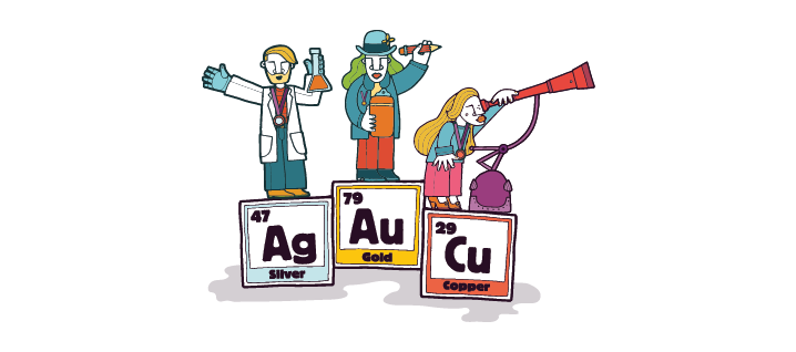 Cartoon image of three people on a podium winning medals. The podium is made up of chemical element symbols