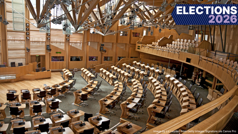Scottish Parliament chamber, text reads Elections 2026