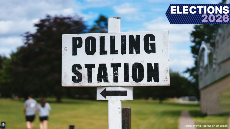 Polling station, text reads Elections 2026