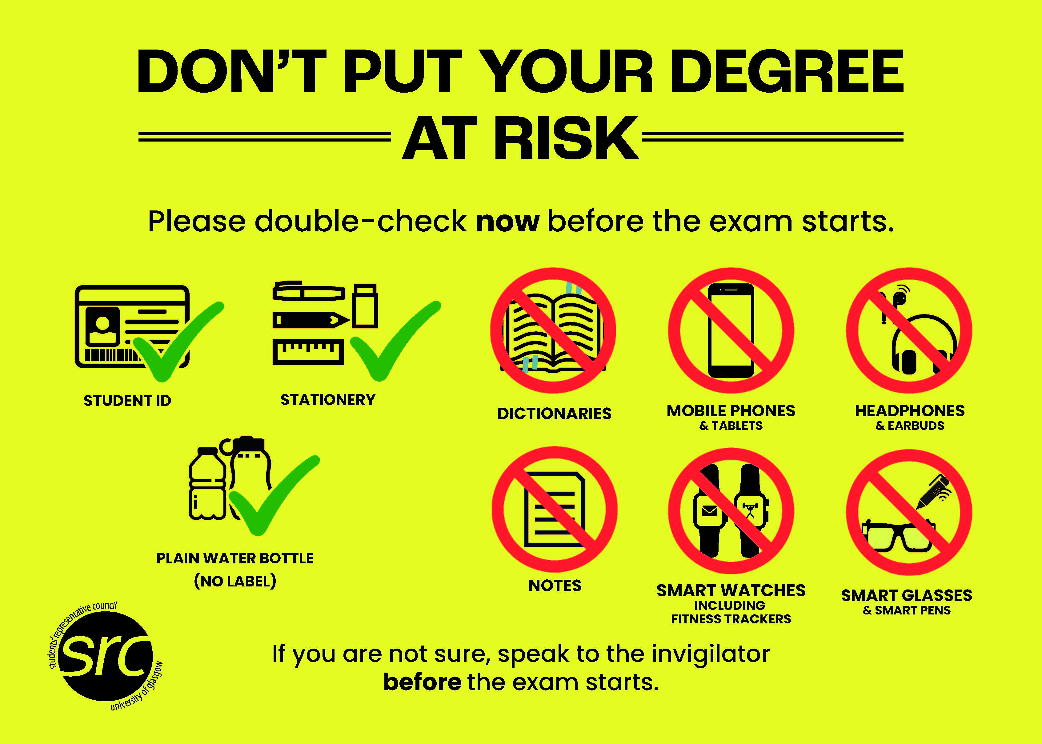 A yellow poster with instructions about items permitted in exams.