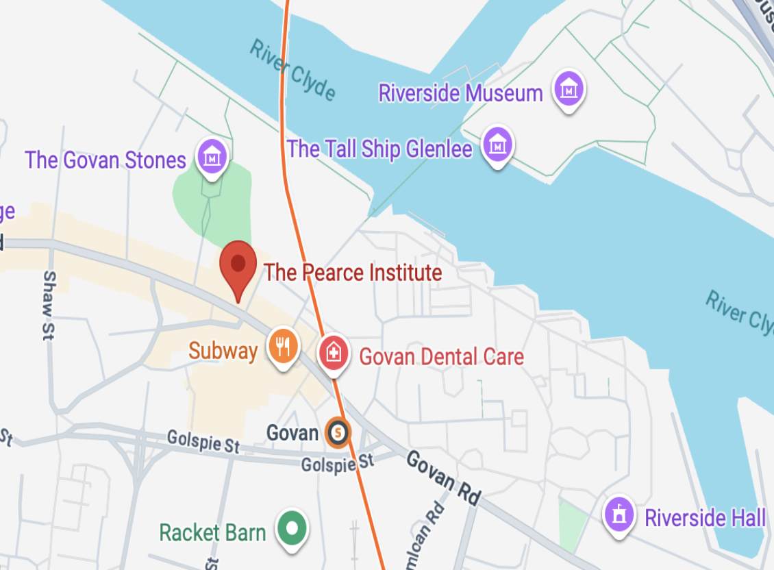 A map showing the location of the Pearce Institute in Govan including public transport directions