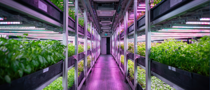 Picture of a vertical farm with rows of lettuce on shelves and pink lighting
