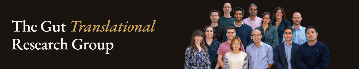 Banner for “The Gut Translational Research Group” with dark background and gold/white text on the left, and a group photo of group member research staff smiling and standing together on the right.