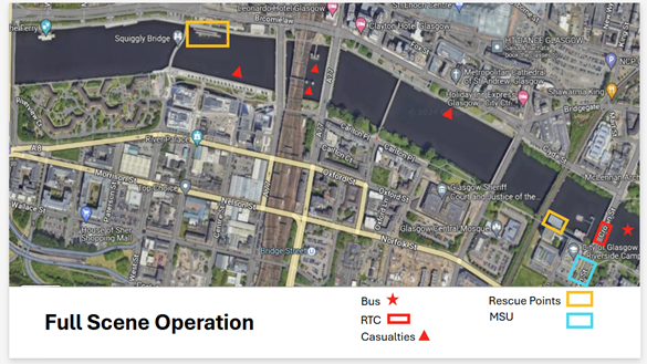 A map of Glasgow showing the position of causalities, rescue points, a bus, MSU and RTC. The image has a title 