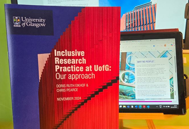 A photo of the 'Inclusive Research Practice at UofG' document on a desk along with a digital version on a screen behinf
