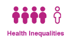 graphic of 4 cartoon humans in purple and one further away in white with a purple outline and the words 'health inequalities'