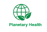 Green icon of earth with two small leaves wrapped around it and the words 'planetary health'
